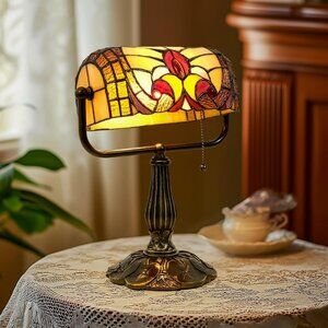 Tiffany Style Bankers Lamp - Stained Glass Desk Lamps with Baroque Design & Pull